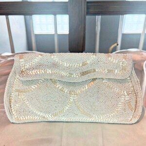 White & Champagne Beaded Evening Clutch